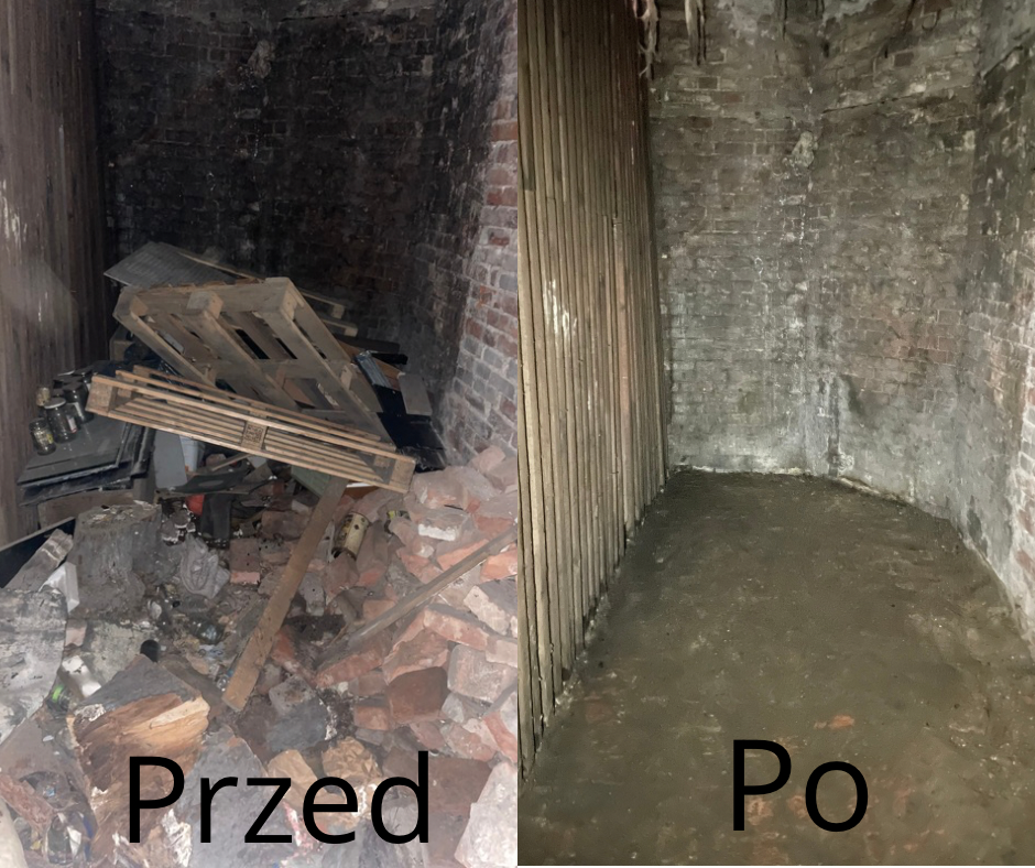 Opróżnianie piwnicy Szczecin - wywóz gruzu i śmieci, efekt przed i po sprzątaniu pomieszczenia.